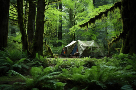 a tent pitched in a lush green forest clearing, created with generative aiの素材
