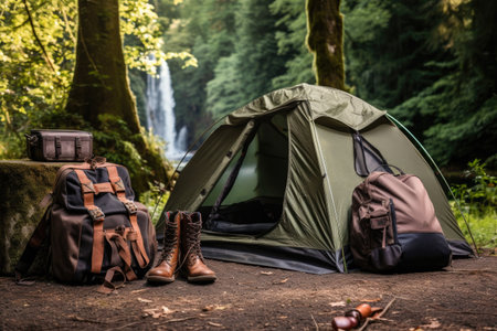 camping site with a tent, backpacks, and hiking boots, created with generative aiの素材