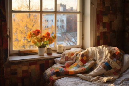 warm quilt on a window sill, inviting and cozy, created with generative aiの素材