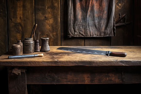 sharpening steel and knife on a wooden table, created with generative aiの素材