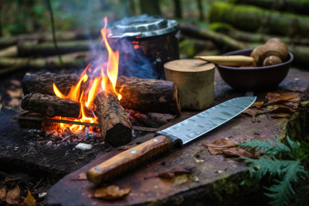 knife and whetstone near a campfire outdoor, created with generative aiの素材