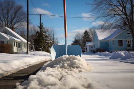 snow shovel resting on a cleared driveway section, created with generative aiの素材