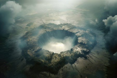 aerial view of smoke rings emerging from volcano crater, created with generative aiの素材