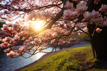 blooming dogwood tree with sun flare in the background, created with generative ai