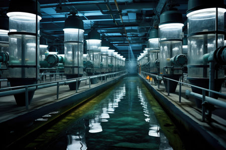 modern water filtration system in an aquaculture facility, created with generative aiの素材