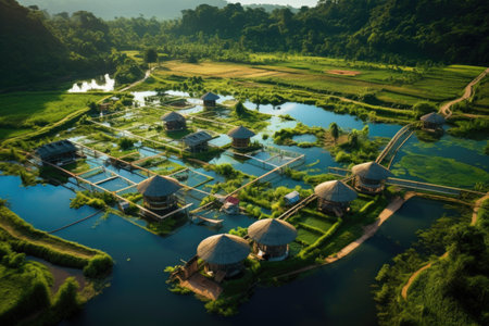 aerial view of eco-friendly fish farm in natural pond, created with generative aiの素材