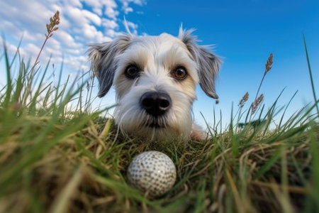 dogs-eye view of a grassy field with a ball, created with generative aiの素材