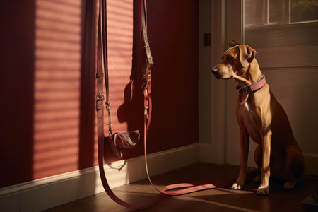 dog leash and collar hanging by front door, created with generative aiの素材