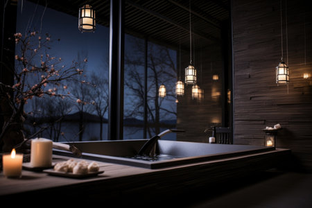 zen-like bathtub setting with dim lighting, created with generative aiの素材