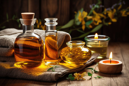 aromatherapy oils next to a warm bath, created with generative aiの素材