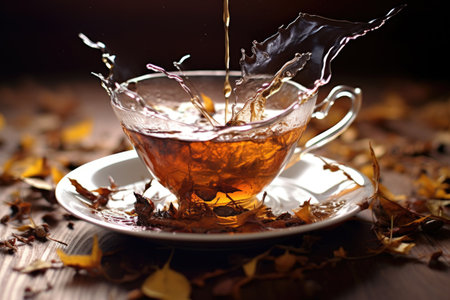 black tea leaves sinking to bottom of teacup, created with generative aiの素材