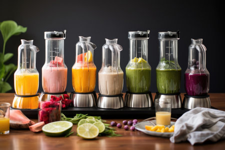 blender with different glass jars filled with smoothies, created with generative aiの素材