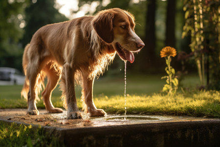park entrance sign with dog-walking symbol, lush greenery, created with generative aiの素材