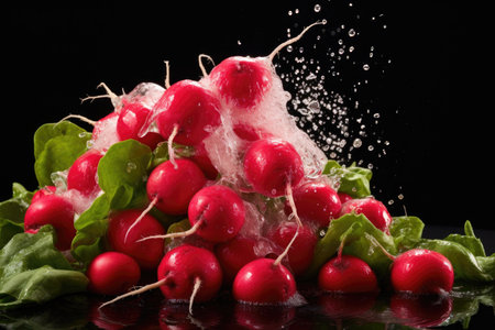 water splashing on a pile of freshly picked radishes, created with generative aiの素材