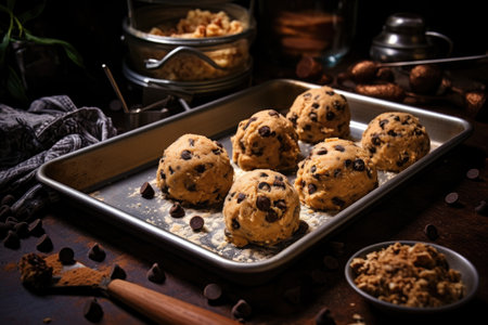 chocolate chip cookie dough scoops on baking sheet, created with generative aiの素材