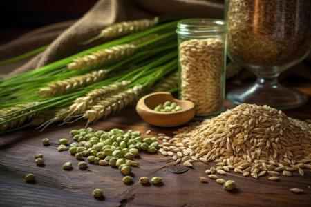 close-up of barley grains and hops on wooden table, created with generative aiの素材