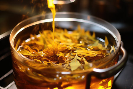 close-up of tea leaves steeping in a glass teapot, created with generative aiの素材