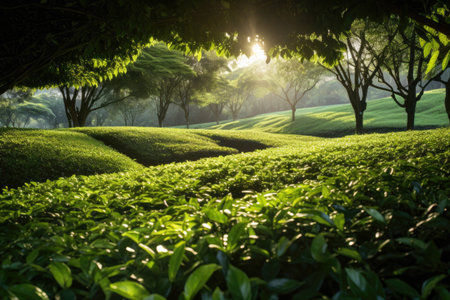 sunlight shining through tea leaves in a plantation, created with generative aiの素材