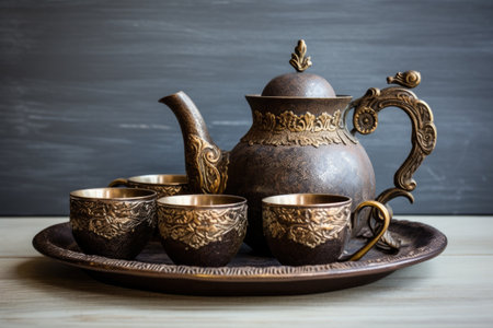 vintage tea set with ornate teapot and cups, created with generative aiの素材