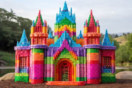 toy castle made of colorful plastic bricks, created with generative aiの素材