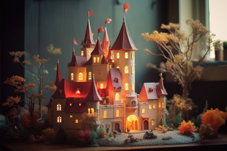 toy castle illuminated by a soft, warm light, created with generative aiの素材