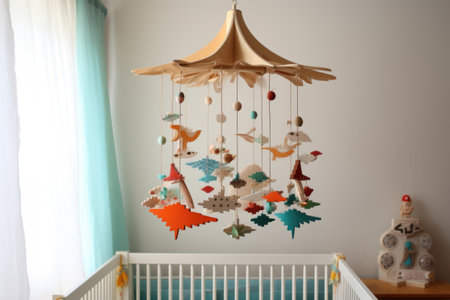 baby mobile hanging above changing table, created with generative aiの素材