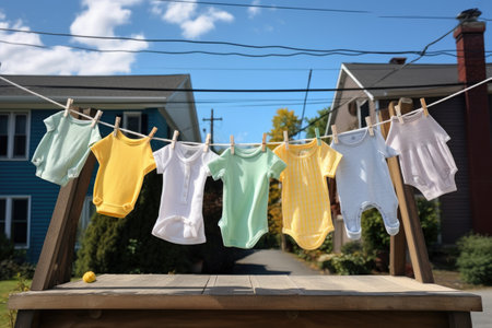 baby clothes and diapers drying on a clothesline, created with generative aiの素材