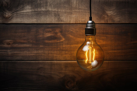 light bulb with a wooden background, rustic feel, created with generative aiの素材