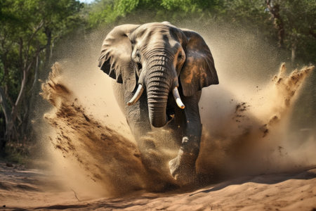 bull elephants powerful charge captured in slow motion, created with generative aiの素材