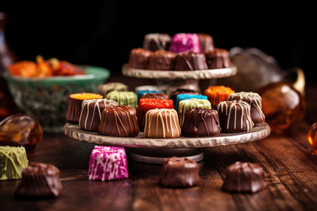 chocolate pralines filled with various flavors, created with generative aiの素材