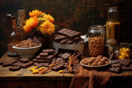cocoa beans, chocolate bars, and pralines on a table, created with generative aiの素材