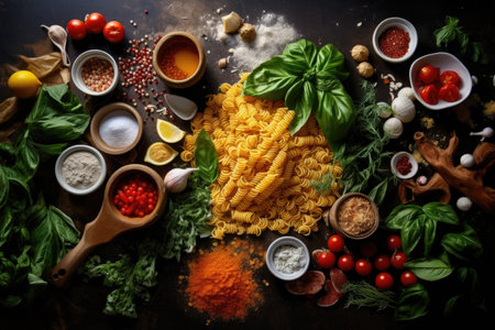 overhead view of pasta ingredients on countertop, created with generative aiの素材
