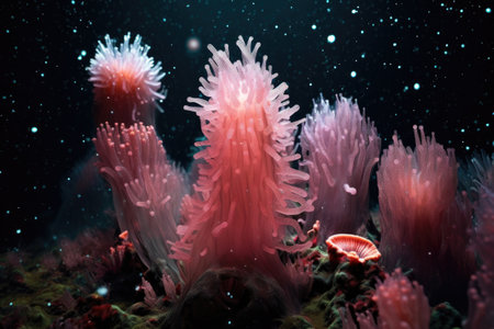 nighttime coral polyps capturing plankton in water, created with generative aiの素材