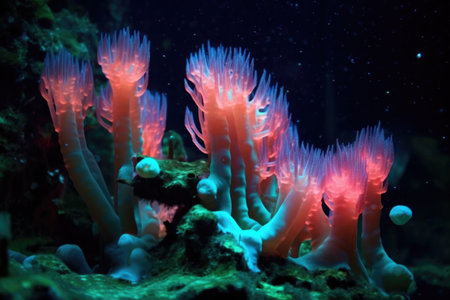 bioluminescent coral polyps during nighttime feeding, created with generative aiの素材