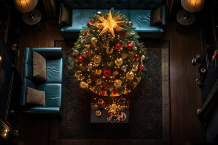 top view of a beautifully lit christmas tree, created with generative aiの素材