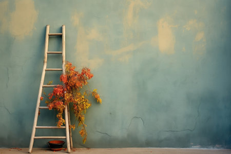 ladder leaning against a freshly painted wall, created with generative aiの素材