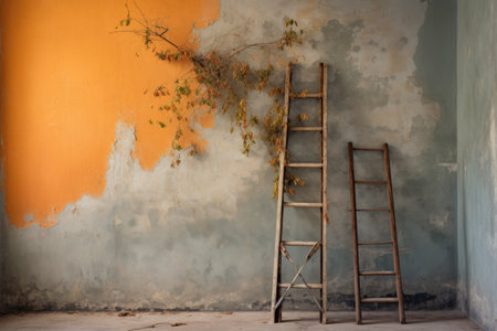 ladder leaning against a wall for repair, created with generative aiの素材