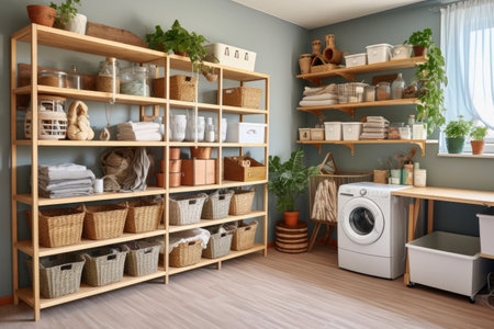 a well-organized laundry room with shelves and baskets, created with generative aiの素材