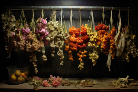 air-drying flowers on a wire rack in a dark room, created with generative aiの素材