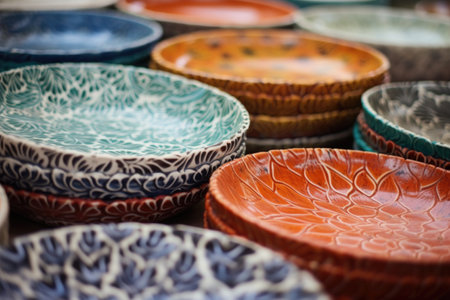 close-up of ceramic plates with patterns drying, created with generative aiの素材