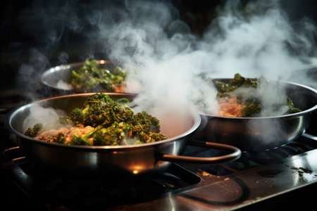 close-up of steam rising from hot dishes, created with generative aiの素材