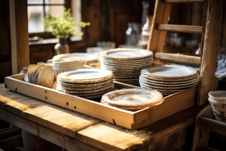 freshly washed dishes in a wooden drying tray, created with generative aiの素材