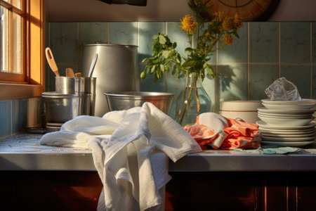towel-drying clean dishes on countertop, created with generative aiの素材
