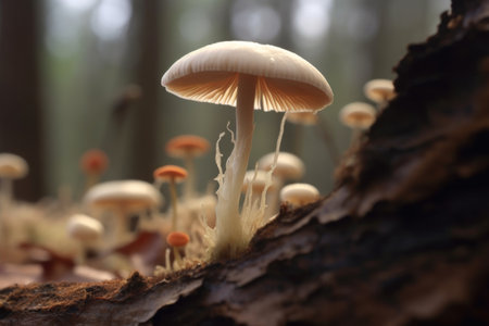 macro view of mushroom cap releasing spores in the wind, created with generative aiの素材