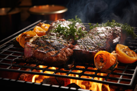 charcoal grill with sizzling steaks and smoke, created with generative aiの素材