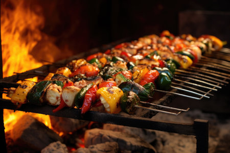 vegetables grilling on skewers over hot coals, created with generative aiの素材