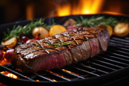 close-up of juicy steak sizzling on grill, created with generative aiの素材