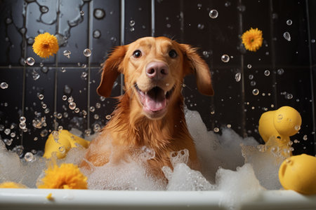 dog bath time with shampoo bubbles and rubber duck, created with generative aiの素材