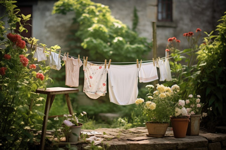 baby clothes drying on a clothesline in the garden, created with generative aiの素材