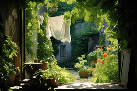 laundry hanging in a lush green garden setting, created with generative aiの素材